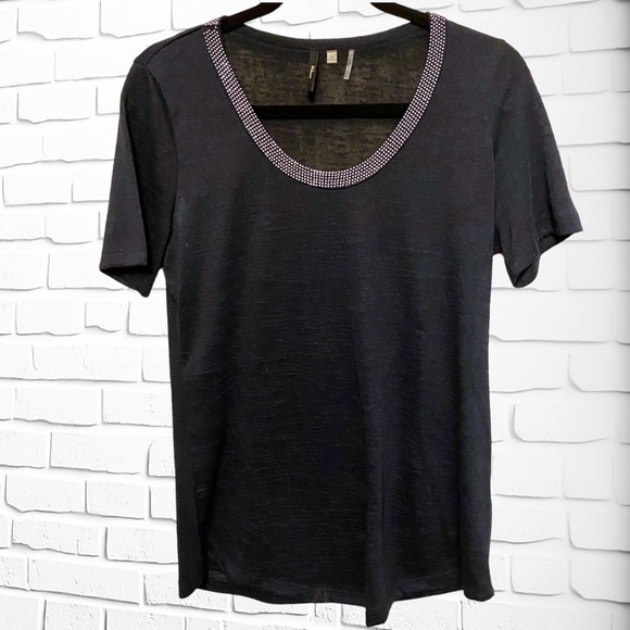 Milano Tops - Navy Blue Short Sleeve Top  with Rhinestone Neckline, size Medium Womens